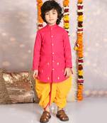 Hot pink embroidered kurta with yellow dhoti boys