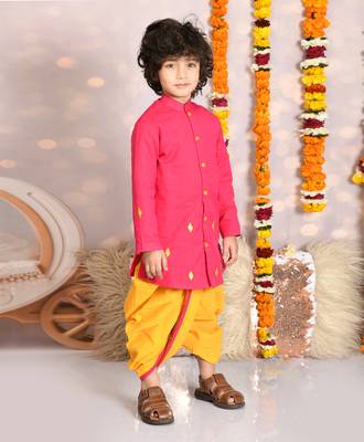 Hot pink embroidered kurta with yellow dhoti boys 2