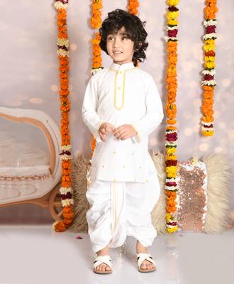 Neck embroidered white kurta and dhoti set boys 1