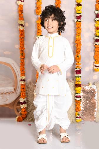 Neck embroidered white kurta and dhoti set boys