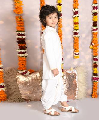 Neck embroidered white kurta and dhoti set boys 2