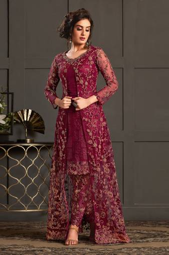 Wine net embroidery party wear salwar suit
