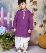 Purple kurta with neck embroidery and dhoti set boys