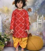 Red bandhani printed kurta and dhoti set boys