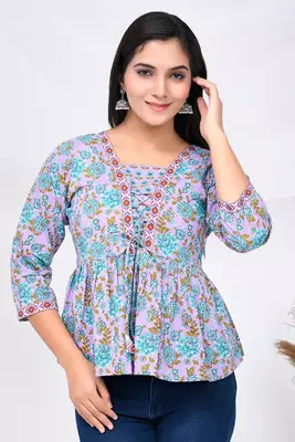 Lilac blue floral print cotton top 1