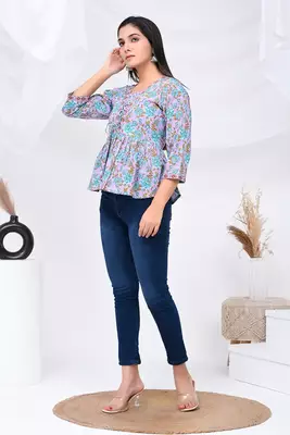 Lilac blue floral print cotton top 2