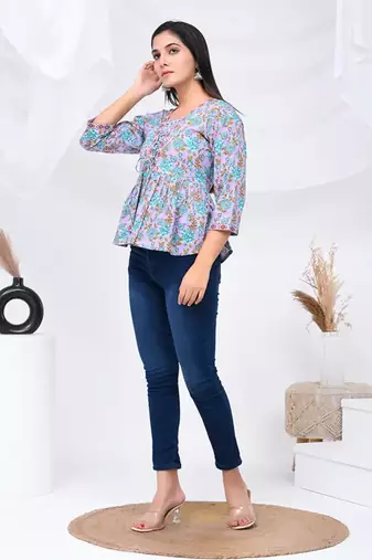Lilac blue floral print cotton top
