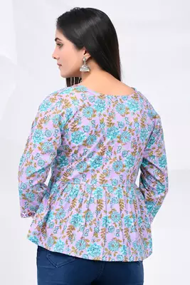 Lilac blue floral print cotton top 3