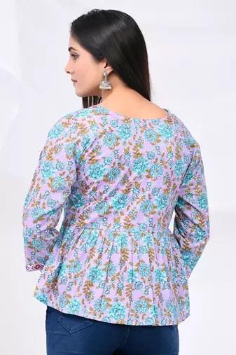 Lilac blue floral print cotton top