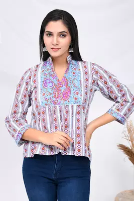 Light purple & blue boarder print cotton top 1
