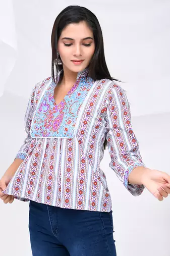 Light purple & blue boarder print cotton top