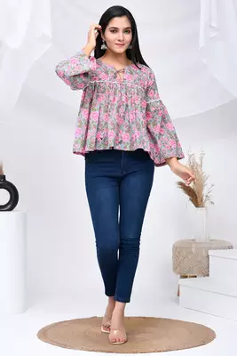 Grey & pink blossom print cotton top 1