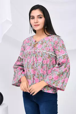 Grey & pink blossom print cotton top 2