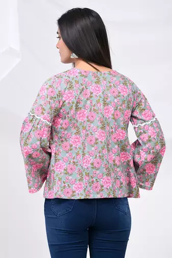 Grey & pink blossom print cotton top