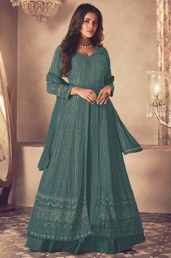 Teal green georgette embroidery party wear salwar suit