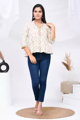 Beige & pink zig-zag print cotton top 1
