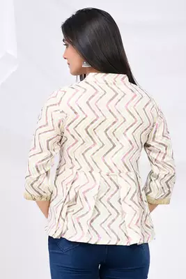 Beige & pink zig-zag print cotton top 3