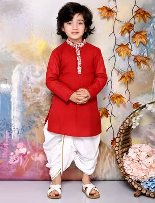 Maroon kurta with neck embroidery and white dhoti set boys 1