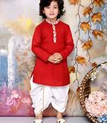Maroon kurta with neck embroidery and white dhoti set boys