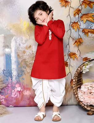 Maroon kurta with neck embroidery and white dhoti set boys 2