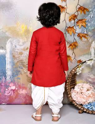 Maroon kurta with neck embroidery and white dhoti set boys 3