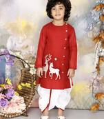 Maroon kurta with deer embroidery and white dhoti set boys
