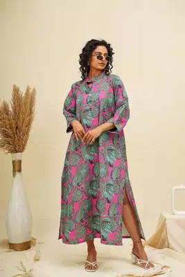 Green pink kaftan style shirt dress 1