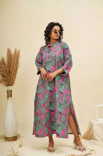 Green pink kaftan style shirt dress