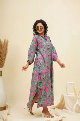 Green pink kaftan style shirt dress 2