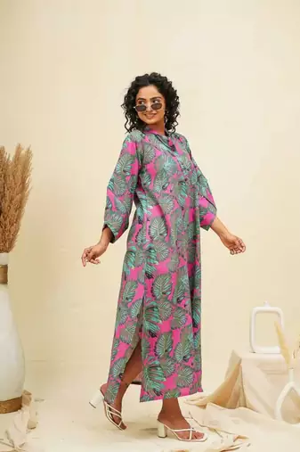 Green pink kaftan style shirt dress