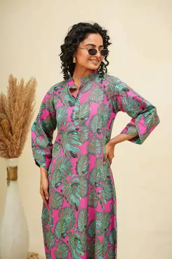 Green pink kaftan style shirt dress