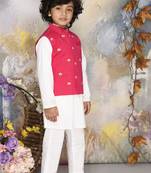 Hot pink zari embroiderd jacket with kurta and pants set boys
