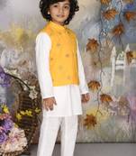Yellow zari embroiderd jacket with kurta and pants set boys