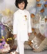 White bird embroidered jacket with kurta and pants set boys