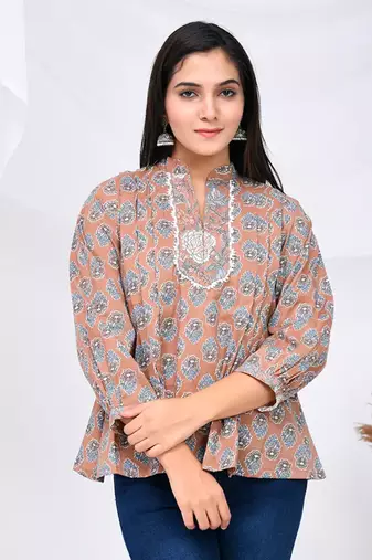 Brown and grey vintage floral print cotton top