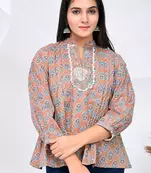 Brown and grey vintage floral print cotton top