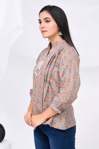 Brown and grey vintage floral print cotton top