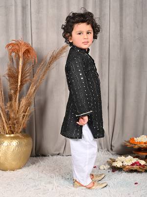 Black faux mirror work kurta paired with pants boys 1