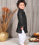 Black faux mirror work kurta paired with pants boys