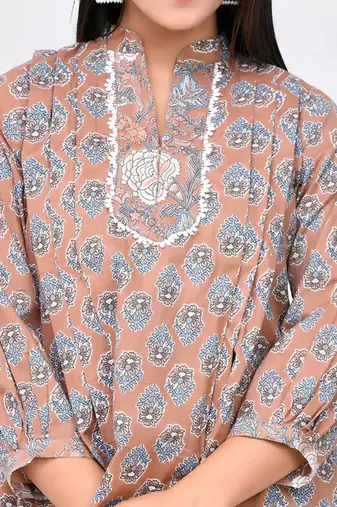 Brown and grey vintage floral print cotton top