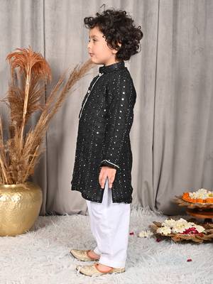 Black faux mirror work kurta paired with pants boys 3