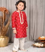 Maroon silk embroidered kurta with pants boys