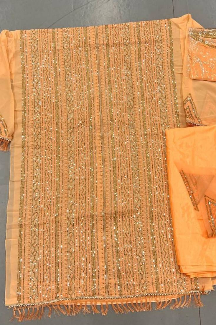 Brown Designer Heavy Embroidery Work Faux Georgette unstitched Long Length Kameez Plazzo silk salwar suit