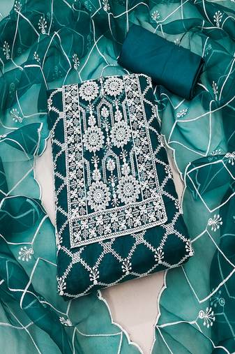 Teal colour with embroidered work oranganza semi stitched dress with unstitched bottom