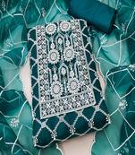 Teal colour with embroidered work oranganza semi stitched dress with unstitched bottom