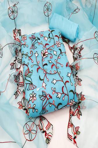 Blue colour with embroidered work oranganza semi stitched dress with unstitched bottom