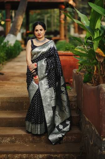 Black Color Woven Banarasi Soft silk Women'S Saree