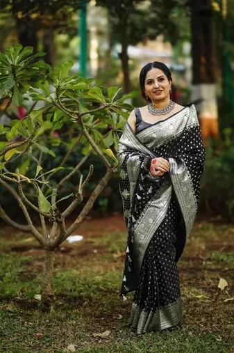 Black Color Woven Banarasi Soft silk Women'S Saree