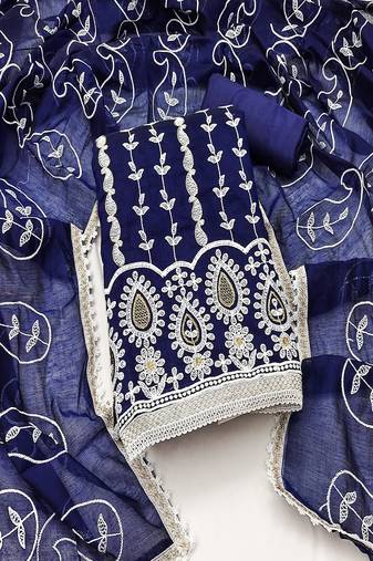 Blue colour with embroidered work chanderi cotton semi stitched dress with unstitched bottom