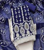 Blue colour with embroidered work chanderi cotton semi stitched dress with unstitched bottom